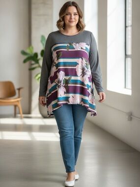 Bloomchic Plus Size Big Floral Tunic Colour block Top Size 28